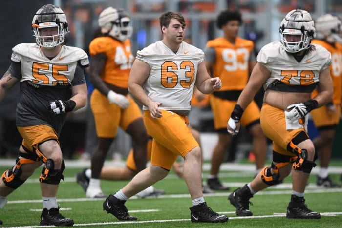 Tennessee C Cooper Mays during spring camp in Knoxville, Tennessee, on April 5, 2023. (Photo by Caitie McMekin of the News Sentinel)